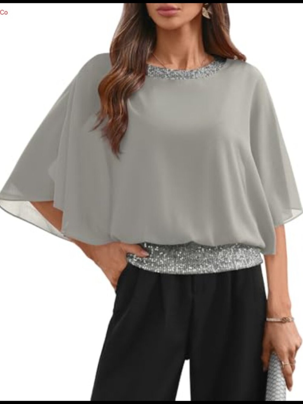Sequin Formal Wedding Top Batwing Sleeve Chiffon Party Shirt